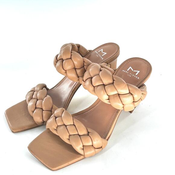 Marc Fisher Hammy Slide Heels 6 NWOT Tan Leather Square Toe Slip On Braided Mule - Picture 4 of 8